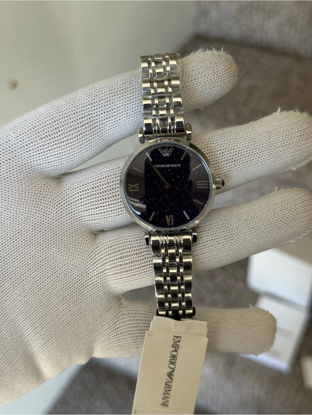 Emporio Armani women’s Silver Bracelet Watch with Sparkling Navy Dial